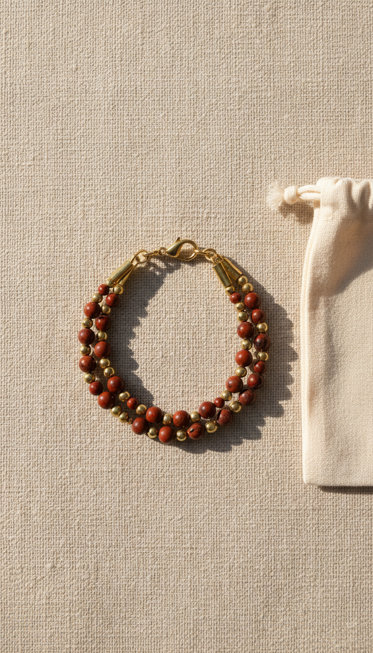Bracelet double rangs jaspe rouge et laiton doré