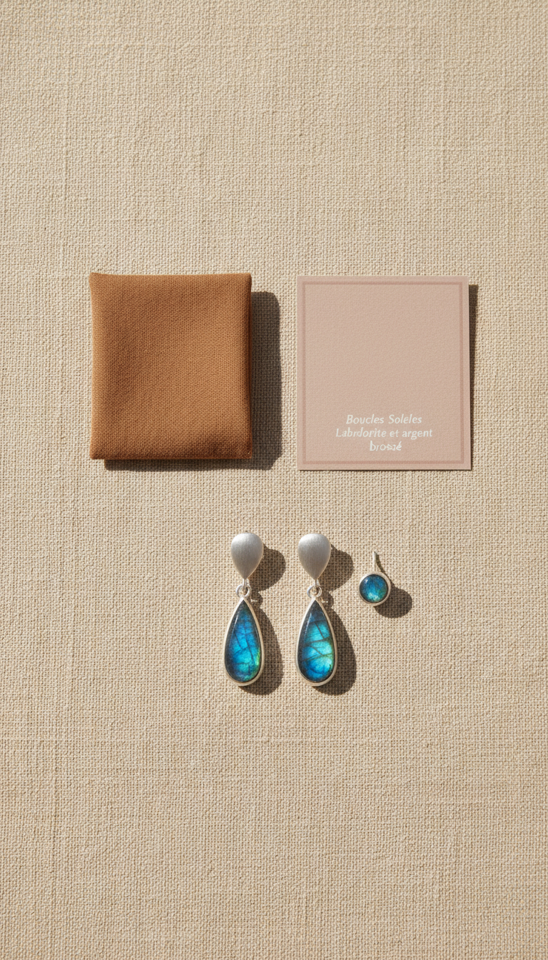 Boucles d’oreilles labradorite et argent brossé